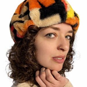 Two faux fur hats- leopard and multicolored-S and OS